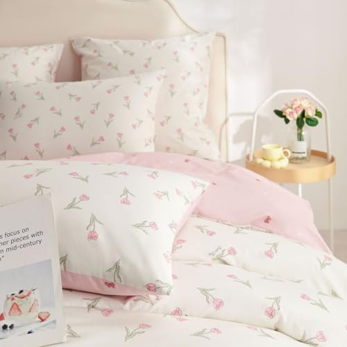 Tospass Bettwäsche 135x200 Baumwolle Weiß Rosa Tulpe Blumen Bettwäsche Set | ÖKO-TEX Bettwäsche für Allergiker,Aesthetic Bettwäsche Mädchen,2teilig Bettbezug mit Reißverschluss und 1 Kissenbezug 80x80cm