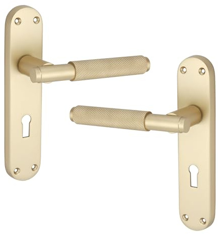 Infinity Decor Modern Style Knurled Lever Lock Door Handle on Keyhole Backplate Pair in Satin Brass Finish – Suitable for Internal & External Doors