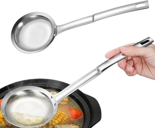 Generic Cuchara coladora de acero inoxidable de malla fina, colador con asa, separador de aceite de sopa, cuchara de espumadera, tamiz (1 unidad, 3 x 3.5 x 11 pulgadas)