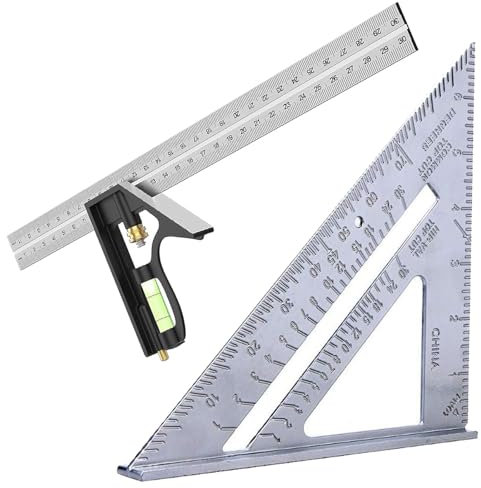 2 Pcs Squares Tool, Combination Tool Set 7inch Metric Triangle Ruler and 12inch Square Angle Ruler, Stainless for Accurate and Adjustable Square Woodworking Measurement