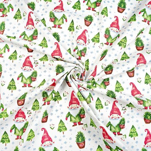 Stoffpakete für Patchwork | Baumwollstoffbündel mit Print | Bedruckte Baumwolle | DIY Quilten, Nähen und Handarbeit (Weihnachtsmotiv: Wichtel mit Weihnachtsbäumen in Töpfen)