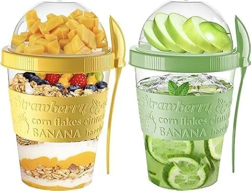Pro hem yoghurtkrukor med lock och sked lufttät diskmaskinssäker BPA-fri müsli flingkoppar över natten havre burk förvaring på språng yoghurtbehållare (gul och grön)
