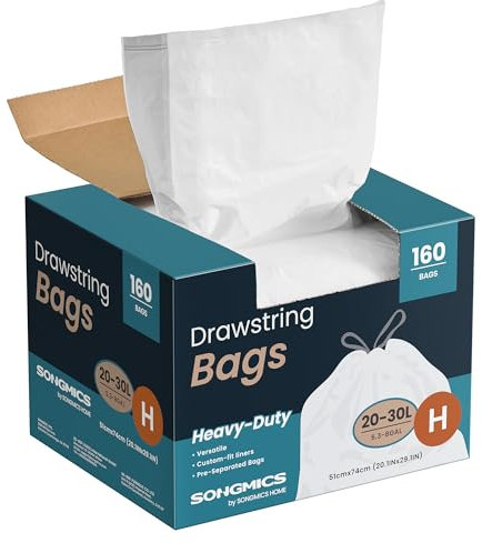 SONGMICS Sacs Poubelles Résistants, Sacs Poubelles à Liens Coulissants pour Poubelles de Cuisine 30 L, Pré-séparés, Code du Sac H, 4 Rouleaux, 160 Pièces, Blanc KRB031A04