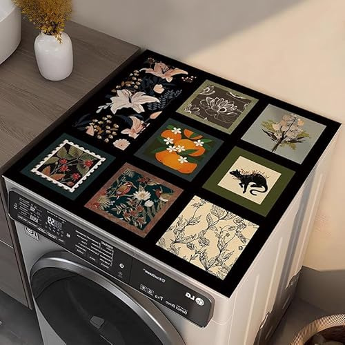 Housse De Protection Pour Machine À Laver Top 60X60Cm Fleurs Noires Tapis De Protection Antidérapant Pour Seche Linge, Dessus Imperméable Tapis Lave Linge Pour Cuisine Maison Salles De Bains