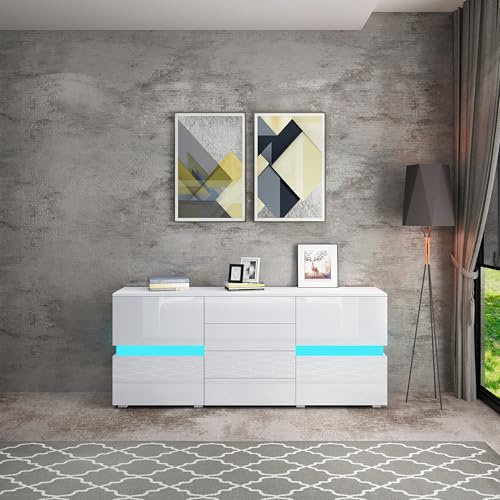 Sideboard Cabinet, High Gloss Front Sideboards Storage Cabinet with LED Light, 4 Drawers and 2 Doors, Display Cupboard for Living Room, TV Unit, Home Furniture 177 * 35 * 72CM White