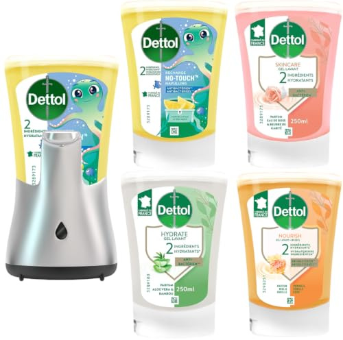 DETTOL Pack découverte - Kit No touch Citron Distributeur automatique + 4 Recharges No-Touch Savon Liquide Mains 250 ml - Action Nettoyante - Idéal au quotidien
