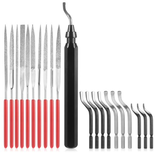 Tucnoeu 21pcs Deburring Tool Set Handentgrater Entgrater Werkzeug, mit 10 Ersatzklingen und 10 Diamant-Feilen, Metallgriff Handentgrater für 3D Drucker