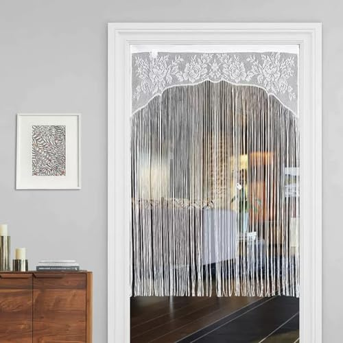 BESTORI 2 Stück Fadenvorhang Türvorhang mit Spitze Design Fensterdekoration Böhmische Dekor Perfekt für Fenster Tür Schrank, Weiße Blume, 85cmx130cm