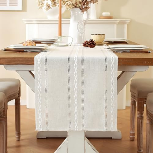 Runner da Tavolo Moderno Bianco Cream 33 x 120 cm Boho Runner Tavola Tessuto in Poliestere di Cotone Centrino Rettangolare Lavabile Decorazioni Matrimonio Tavoli per Soggiorno Mobili Cucina