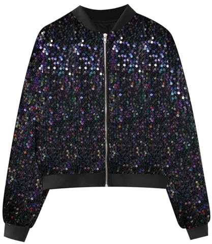 Baseball Jacke Damen Pailletten Reißverschluss Langarm Jacken Blazer Sakko Pailletten Blazer Jacke Elegant Kurz Sakko Rave Party Outwear Blazermantel Bomberjacke Bikerjacke Übergangsjacke Lässig