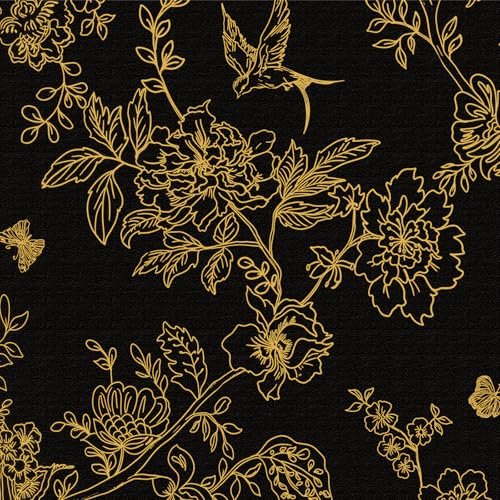 LZH-LP Carta da Parati Autoadesiva, 44x300CM Oro Nero Carta da Parati con Fiori e Uccelli Boschi Piante e Foglie Floreali Dorate Pellicola Autoadesiva per Mobili per Decalcomanie da Parete