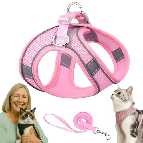 Katzengeschirr, Katzengeschirr Mit Leine Ausbruchsicher, Atmungsaktive Bequemes, Mit Reflektierenden Streifen, Geeignet FüR Katzen Und Hunde (Pink,M)