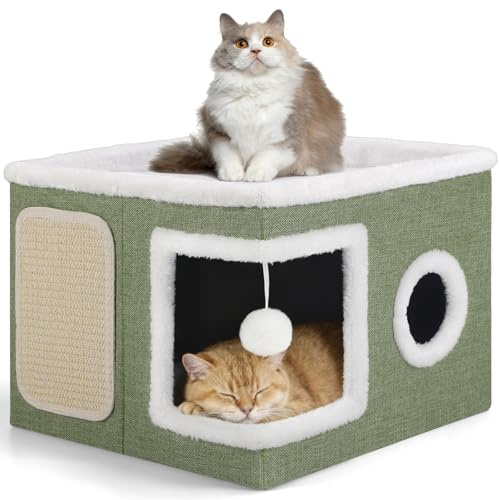 Shikha Niche pour Chat d'intérieur, Grande Grotte pour Chat à 2 Couches avec Niche Confortable, griffoir et Balle Moelleuse, Grand lit Pliable pour Chaton avec Coussins Doux Double Face pour Toutes