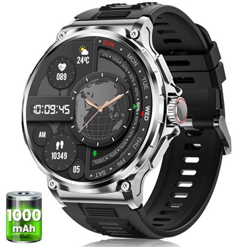 Smartwatch Herren Militär 1.92 HD Großes Display, 1000 mAh Akku Fitnessuhr mit 120+ Sportmodi, 5ATM Wasserdicht, Telefonfunktion, Herzfrequenz, Schlafmonitor, Sportuhr Herren für iOS Android Silber