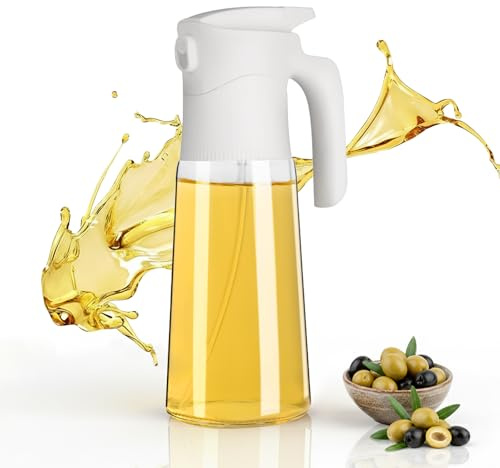 NYXVAULT，A 300ml glass olive oil spray bottle, with precise dosage control, works as a practical kitchen，air fryer tool for salads, frying, grilling (White)
