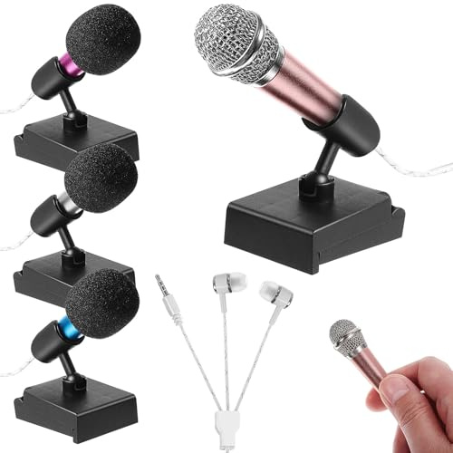HIAKDOFT 4 Sets Mini Microphone Kit with Wired Mics Covers and Black Stands for Phones and Laptops Portable Singing Microphones for Party Recording and Video Chats