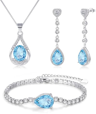Zecimi Schmuck Set Damen, Tropfen Silber Ohrhänger & Halskette & Armband | Schmuckset mit Farbig Zirkonia Kristall, 925 Sterling Silber Hypoallergen Brautschmuck für Damen, Modeschmuck für Frau