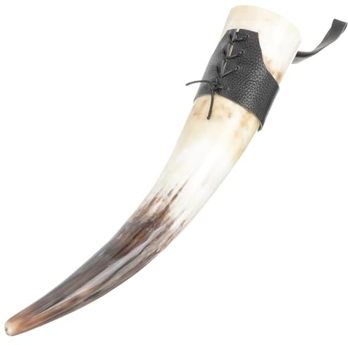 NUOBESTY Trompette à Vin en Corne Naturelle 32-48 CM Étui en Cuir Chope Artisanale Viking Décorative Grosse Capacité pour Bière et Vin Accessoire Vintage pour Décoration Intérieure
