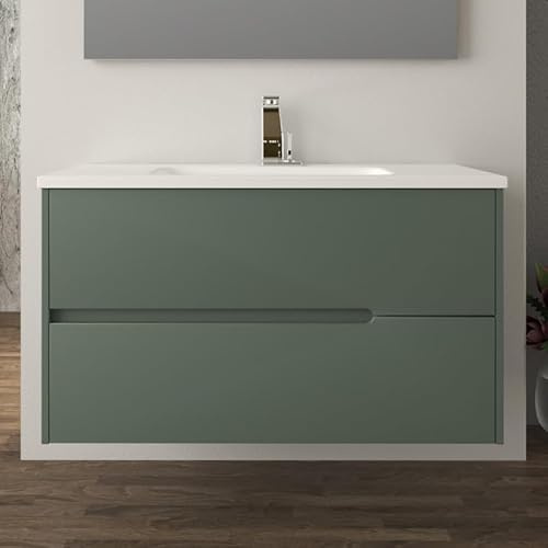 Yellowshop – Mobile Bagno Sospeso PETER 100 cm in MDF PVC con Lavabo in Ceramica, 2 Cassetti Soft-Close e Maniglie a Gola – Design Moderno – Verde Opaco