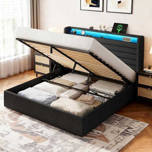 Feonase Bett 160x200 mit Stauraum Kopfteil & Hydraulischem Stauraum, Polsterbett 160x200cm Doppelbett mit Leinen Kopfteil, Bettgestell mit Lattenrost, Ohne Matratze, Dunkelgrau