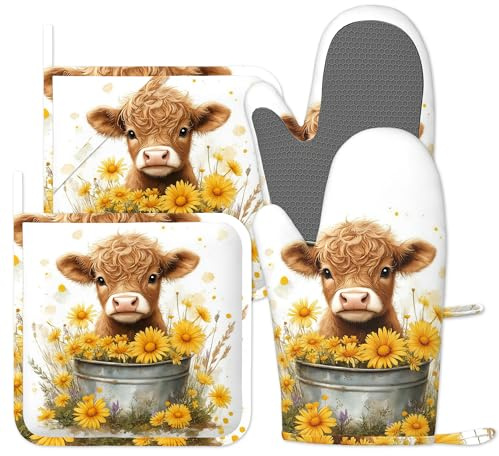 Highland Cow Oven Gloves, 4pcs Oven Mitts & Pot Holders Heat Resistant and Non-Slip Silicone Gloves for Cooking, Baking, BBQ, Kitchen Decor Gift