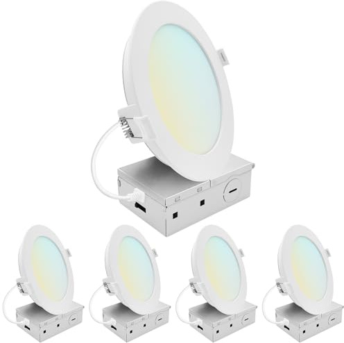 LUXRITE 6 Inch LED Recessed Light, ECO Backlit Mini Panel Spotlight, 5CCT 2700K-5000K, 1400 Lumens, High Output, 15 Watts, Dimmable, IC Rated, Wet Rated, ETL Listed, Energy Star, Round (4 Pack)