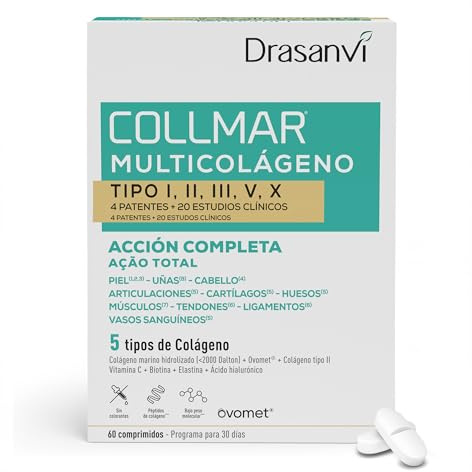 Drasanvi Colageno Complex + Acido Hialuronico, Vitamina C,Biotina,Magnesio | Colágeno Marino Hidrolizado 5 tipos |Acción Completa Piel-Uñas-Cabello-Articulaciones-Huesos | Multi Colageno 60 Comprimidos