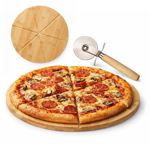 TIENDA EURASIA – Set Tabla de Pizza de Bambú con Cortador | Diámetro 35 cm | Tabla Redonda para Cortar y Servir Pizza | Incluye Cortapizzas de Metal | Diseño Natural | Accesorios de Cocina