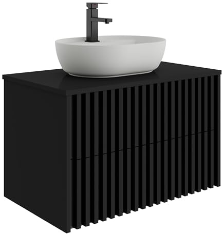 UEV Meuble Salle de Bain, Meuble Suspendu 80cm avec Vasque à Poser, Lavabo en Céramique, Deux Tiroirs avec Grand Espace de Rangement, Motif de Ligne, 80 x 45 x 50 cm, Noir(Vasque Ovale)