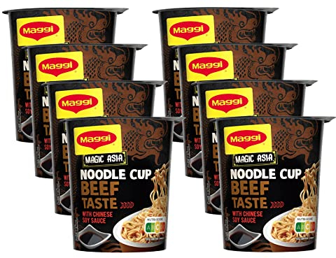 MAGGI Magic Asia Noodle Cup Beef, Instant Nudel-Snack, asiatisches Fertiggericht, mit Rind-Geschmack, scharf gewürzt, 8er Pack (8x63g)