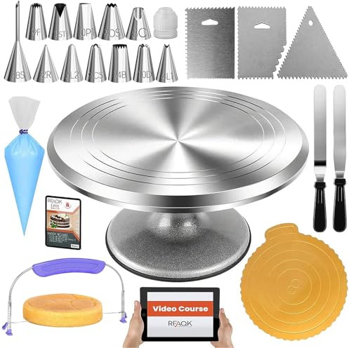 RFAQK 50PCs Cake Decorating Supplies Kit with 12 Aluminum Rotating Cake Turntable Stand, Professional Leveler, Straight & Offset Spatulas, 12 Numbered Icing Tips & Bags