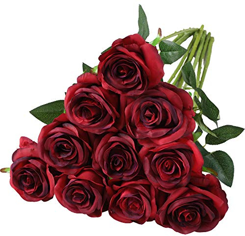 Nubry Artificial Silk Rose Flower Single Stem Lifelike Fake Rose for Wedding Bouquet Floral Arrangements Home Party Centerpiece Decoration, 10pcs (Gradient Dark Red)