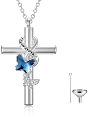 Flpruy Damen Kreuz Urnenketten für Asche, Kreuz Asche Urne Kette Kristall Anhänger Halskette, Kreuz Asche Schmuck Kette Geschenke für Frauen Mädchen