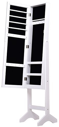 GOPLUS Armoire à Bijoux sur Pied, Armoire à Bijoux avec Miroir Plein Longueur, Flanelle Noire à l’Intérieur, Foret à Résine en Surface, 36x34x153cm (Blanc)