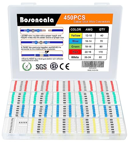 Bosoncala 450PCS Solder Stick Seal Wire Connectors, Marine Grade Heat Shrink Wire Connectors, Waterproof & Insulated Electrical Solderstick Butt Terminals for Boat Automotive Trailer RV