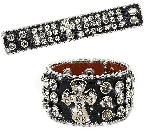 EVERBLTING Rhinestone Bracelets For Men And Women, Leather Cuff Bracelet For Women, Punk Bracelet, Cross Studded Wristband, Fashion Bracelet (Black)