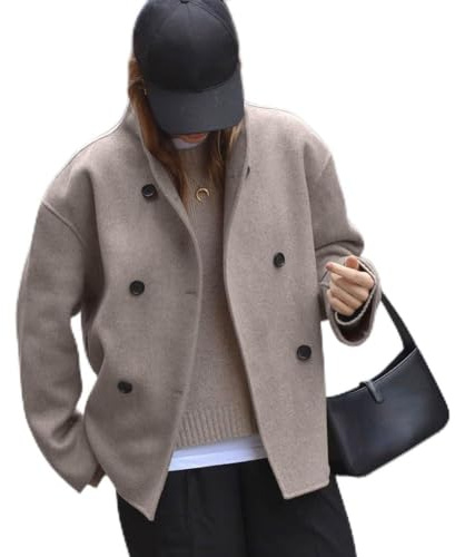 Abrigo corto de lana para mujer, para otoño e invierno, elegante diseño de dos hileras, caqui, L