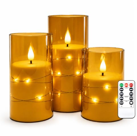 Kiexung LED-Kerzen, LED-Kerzen mit eingebauter Lichterkette, Batteriebetriebene Kerzen, Plexiglaskerzen mit Fernschaltuhr, Festliche flammenlose Kerzen, Wohnkultur, 3-teiliges Set (Gold)