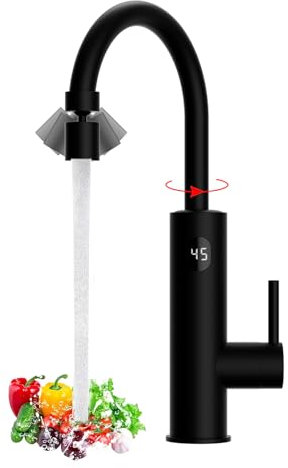 Wasserhahn mit Durchlauferhitzer Küche, 3200W Elektrischer Wasserhahn, LED Küchenarmatur mit Durchlauferhitzer, 2 Sprühfunktionen Sofortiger Warm Armatur, 360º Drehung Auslauf, Schwarz