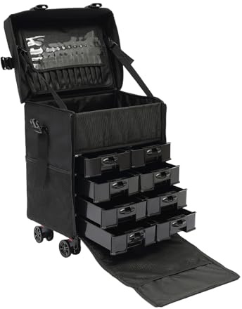Maletín cosmético Trolley Maletín de maquillaje profesional Carro cosmético 8 cajones extraíbles Múltiples ranuras para cepillos Hebilla de alta resistencia Barras de tracción retráctiles