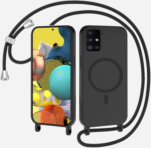 SLWYF Magnetische Handykette für Samsung Galaxy A51 5G Hülle mit Band, Handyhülle Kompatibel mit MagSafe, Silikon Necklace Handyhülle mit Abnehmbar Kordel zum Umhängen Case Samsung - Schwarz