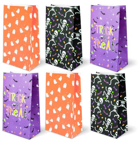 Geschenktüten Halloween Papiertüten 24 Stück Partytüten Kraftpapier Tüten 21 x 12 x 7cm Skelett, Gespenst, Trick or Treat