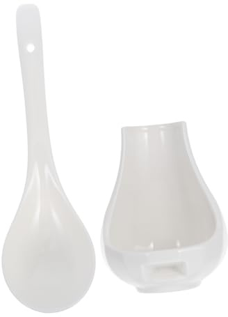 VALICLUD Ceramic Ramen Spoon Set with Spoon Rest, White Porcelain Ladle Holder for Soup, Keeps Tableware Clean and Prevents Rolling, for Family Dining and Restaurants