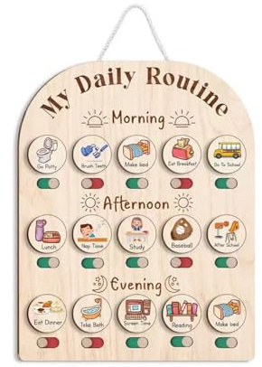 Wooden Chores Chart for Kids, Behaviour Charts for Children, Visual Timetable for Kids, Daily Routine Including Morning and Evening to Better Accompany Children in Their Growth