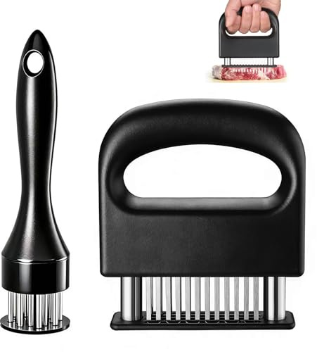 Hiacinto Meat Tenderiser Set of 2 Steaker with 48 + 21 Blades, Stainless Steel Meat Tenderiser and Schnitzel Tenderiser Non-Slip for Steak, Poultry and BBQ
