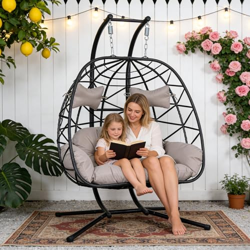 Doppelter Eier-Hängesessel mit Ständer, Outdoor-Rattan-Korbschaukelstuhl mit Kissen,Hängeschaukel Terrassenkorb-Hängesessel Korbhängesessel Schaukelstuhl für Innenschlafzimmer Balkon Garten 600 Pfund
