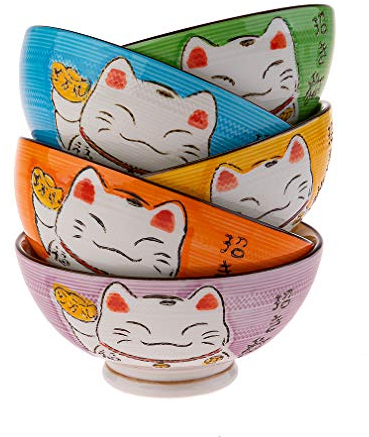 lachineuse - Coffret Bols Japonais Design Maneki Neko - 5 Bols à Riz Traditionnels Ø 11,5 cm - 275 ML - Chat Nippon Porte-Bonheur - Déco Japonaise - Idée Cadeau