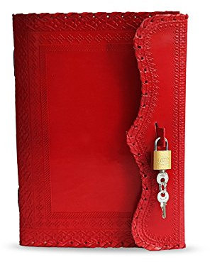 Jaald 25 cm Libreta Notas Cuaderno Hojas Diario Album Hecho a Mano con Cubierta de Cuero y Cerradura Llave Candado - Rojo