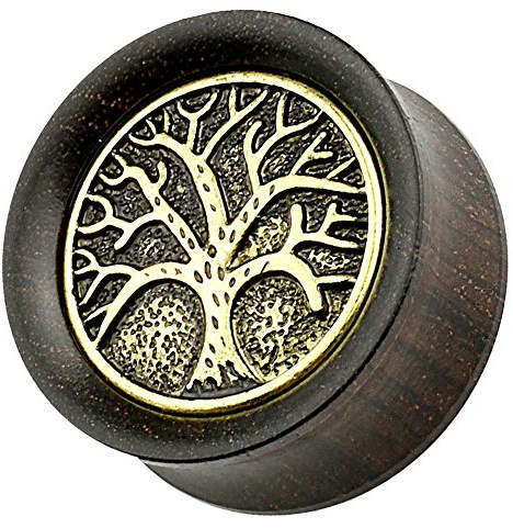 Piersando Ohr Plug Piercing Ear Flesh Tunnel Ohrpiercing Schmuck Ohrplug Vintage Tribal Ethno Baum des Lebens Holz Altgold Organic
