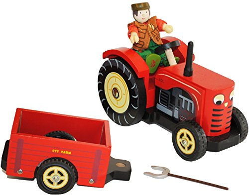 alles-meine.de GmbH Traktor mit Biegepuppe und Anhänger - aus Holz - Bauer - Budkins für Puppenhaus/Holztraktor - Holzauto - Bauernhof - Holzfahrzeug - Traktoren/Landmaschine